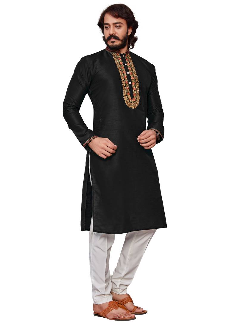 Black color hand cottan silk kurta with payjama