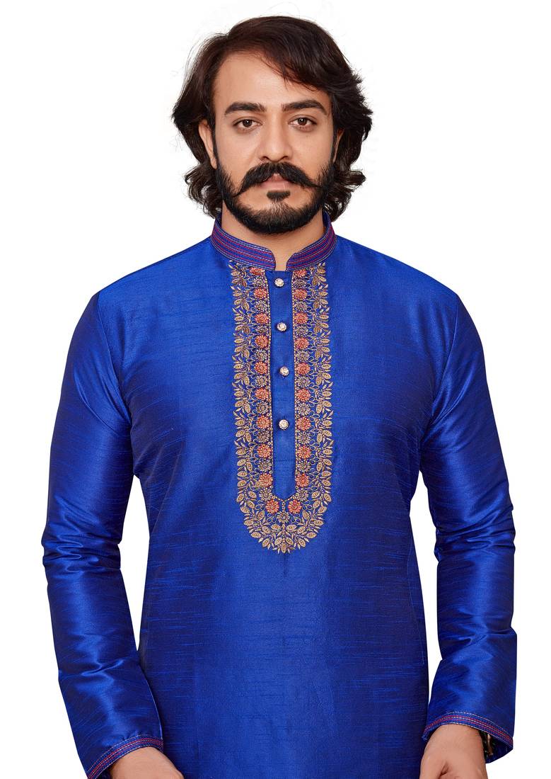 Blue color hand cottan silk kurta with payjama
