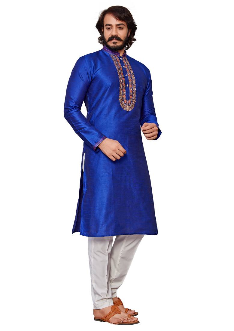 Blue color hand cottan silk kurta with payjama