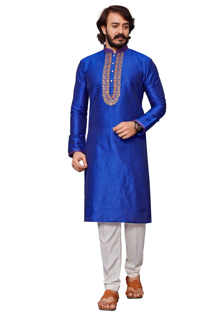 Blue color hand cottan silk kurta with payjama