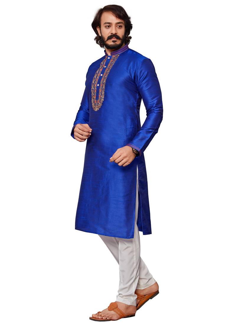 Blue color hand cottan silk kurta with payjama