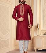 Maroon color hand cottan silk kurta with payjama