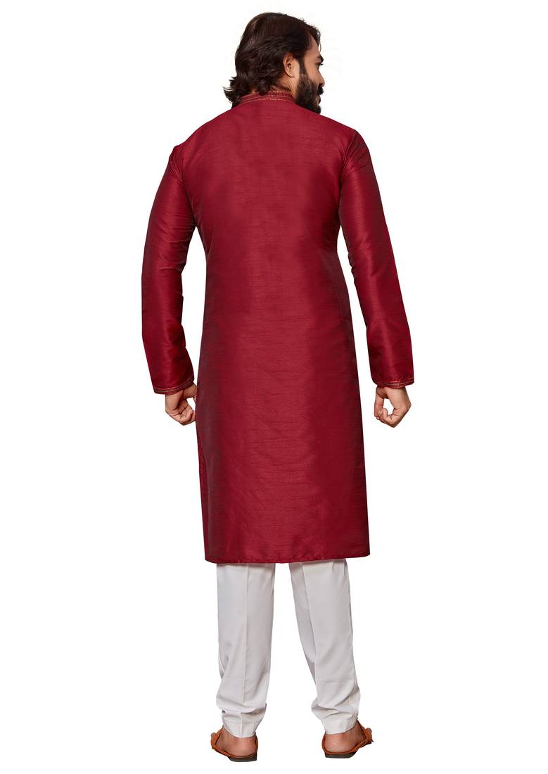 Maroon color hand cottan silk kurta with payjama
