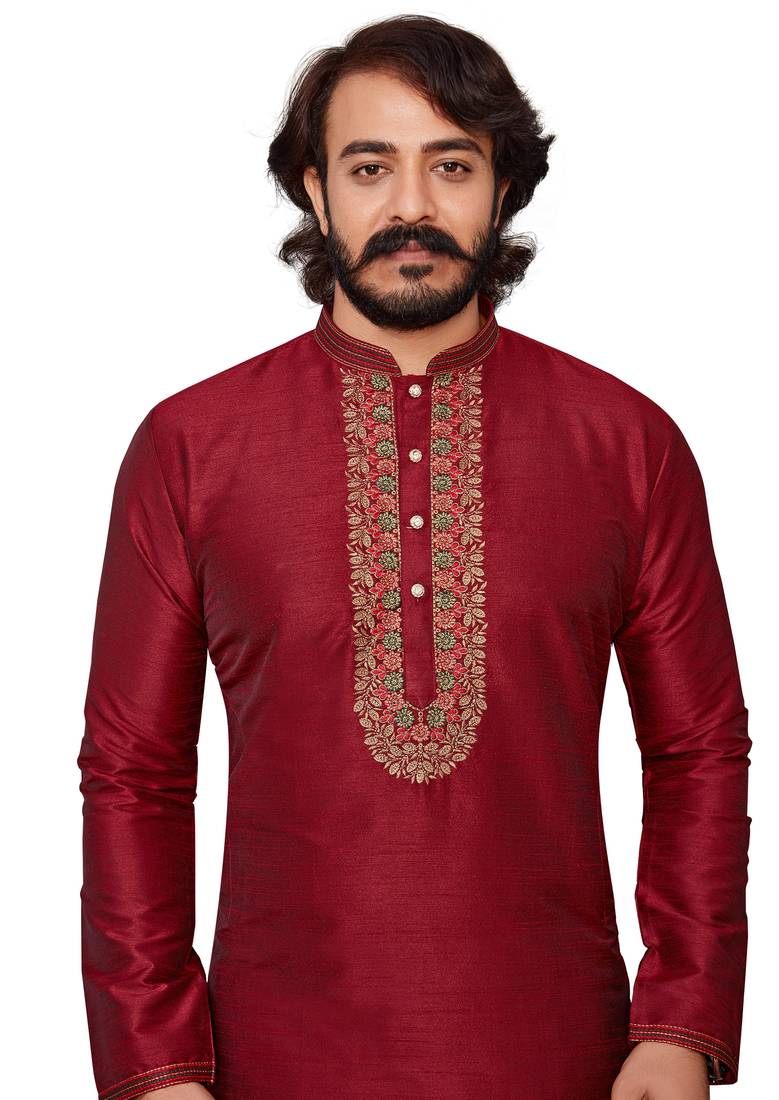 Maroon color hand cottan silk kurta with payjama