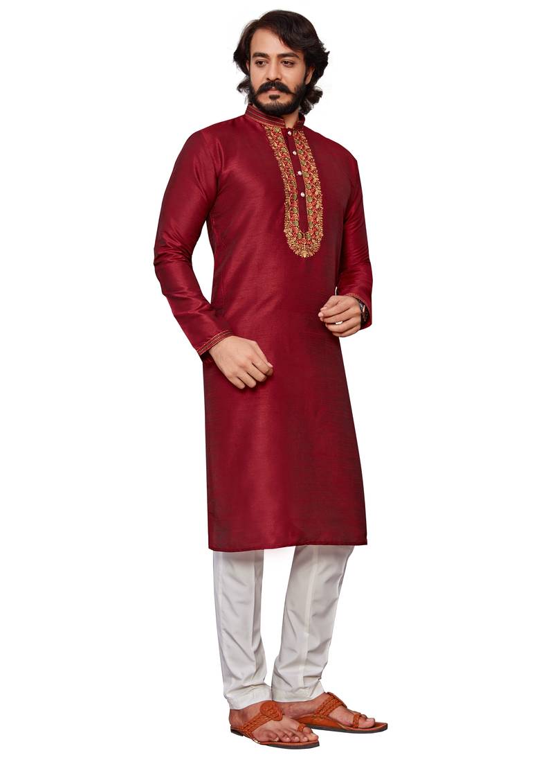 Maroon color hand cottan silk kurta with payjama