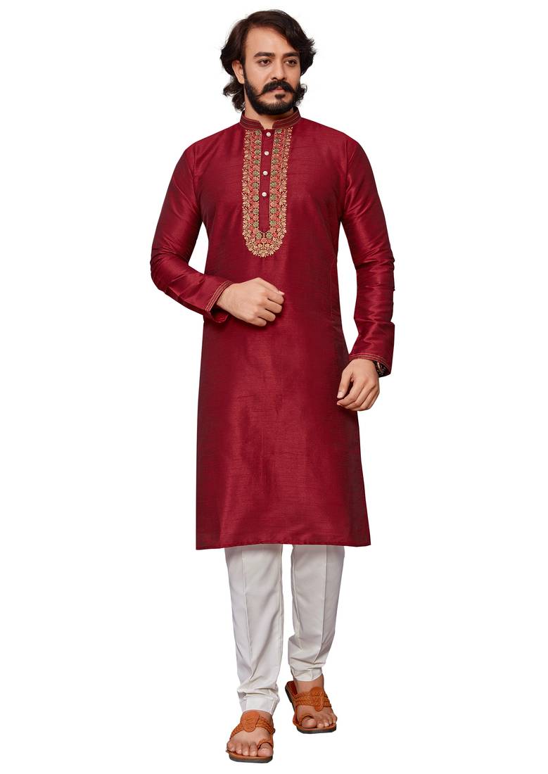 Maroon color hand cottan silk kurta with payjama
