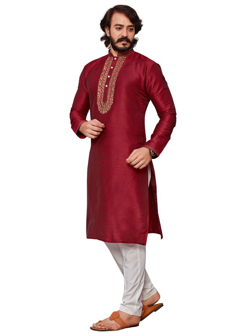 Maroon color hand cottan silk kurta with payjama