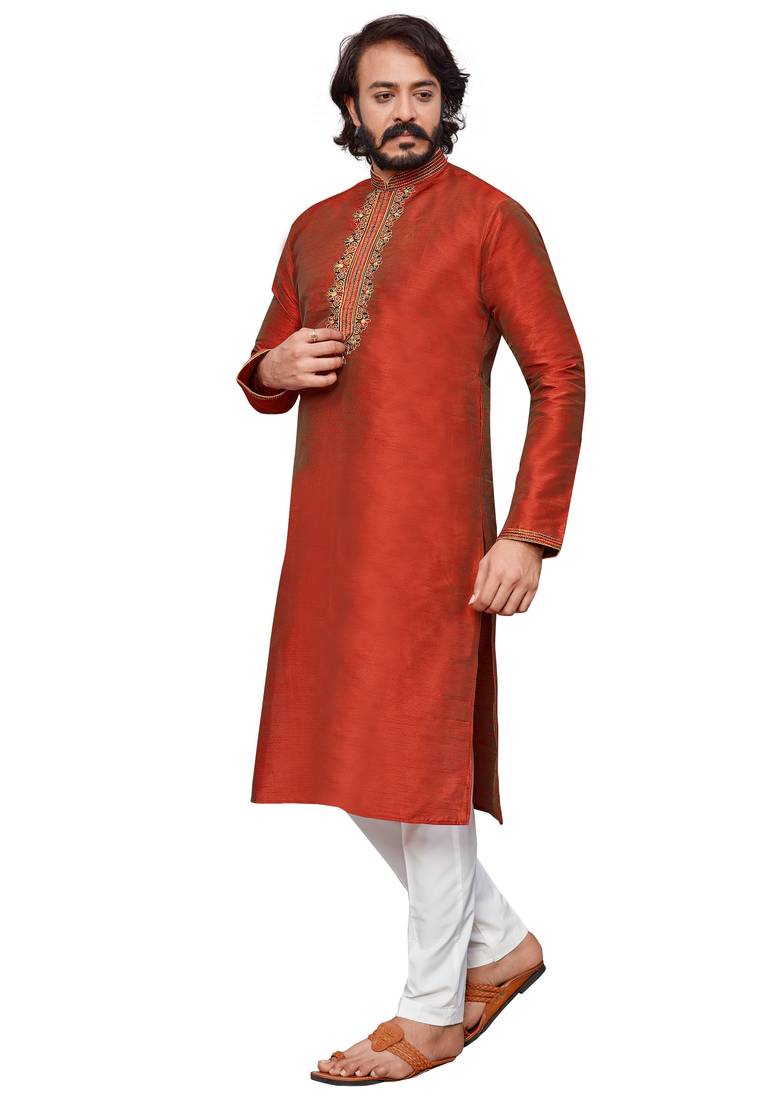 Maroon color hand cottan silk kurta with payjama