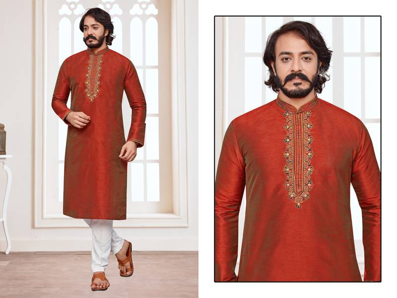 Maroon color hand cottan silk kurta with payjama