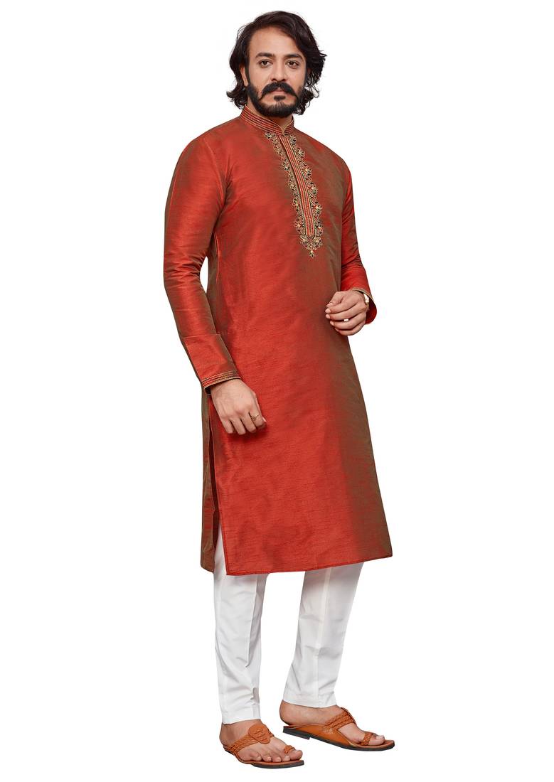 Maroon color hand cottan silk kurta with payjama