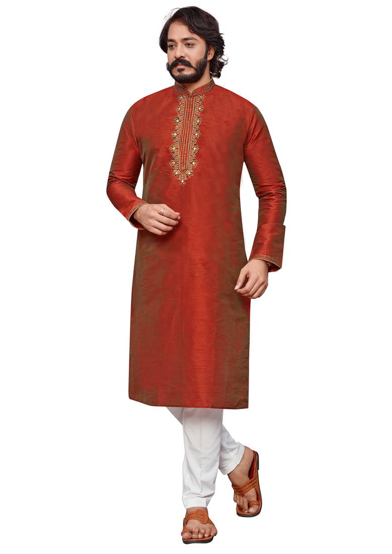 Maroon color hand cottan silk kurta with payjama