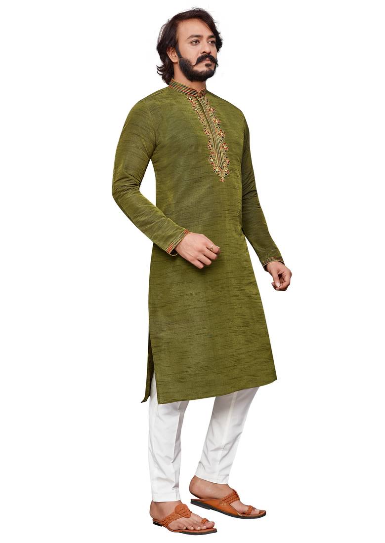 Mehendi color hand cottan silk kurta with payjama