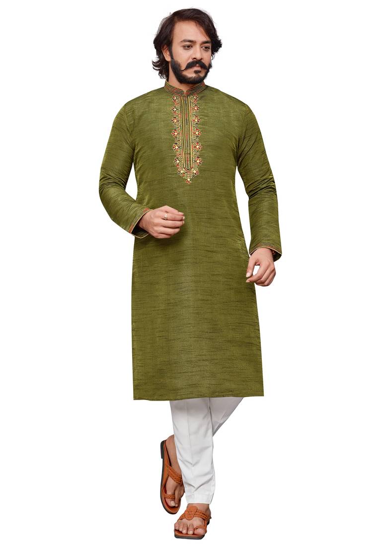 Mehendi color hand cottan silk kurta with payjama