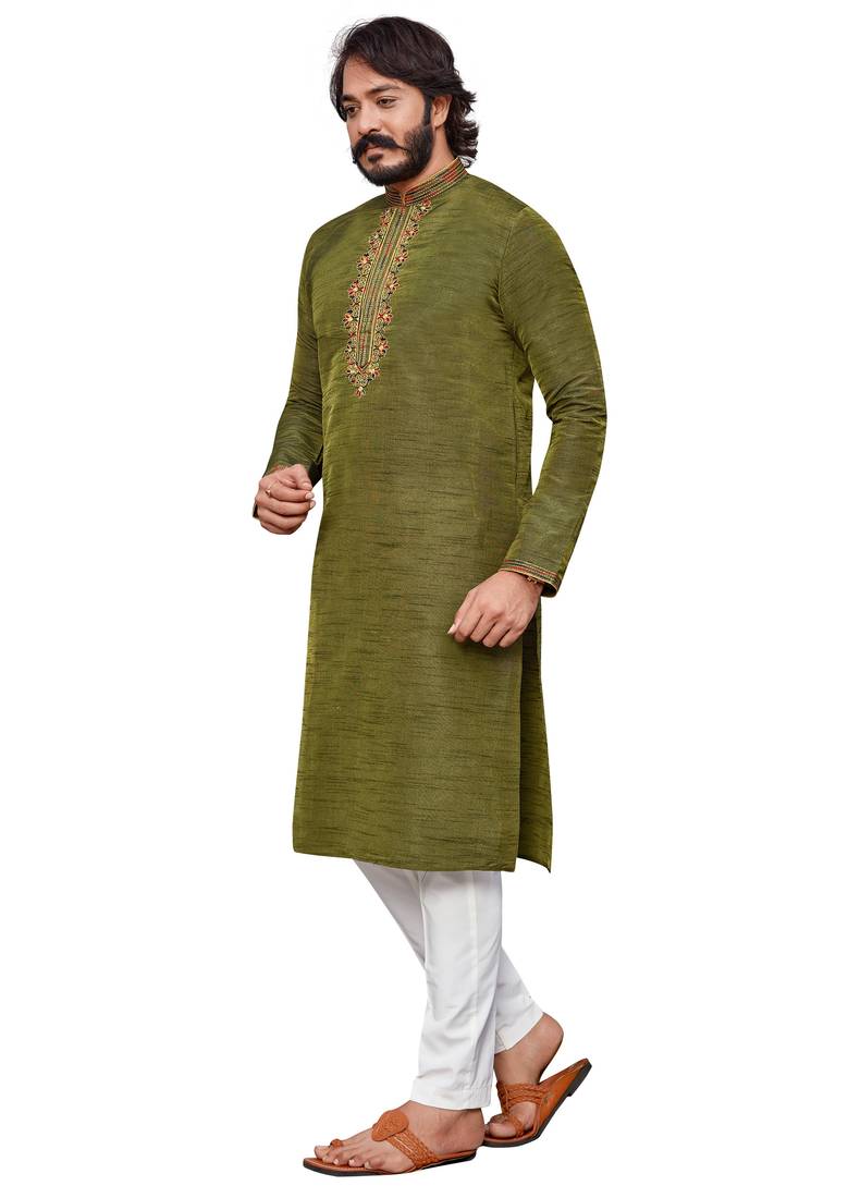Mehendi color hand cottan silk kurta with payjama
