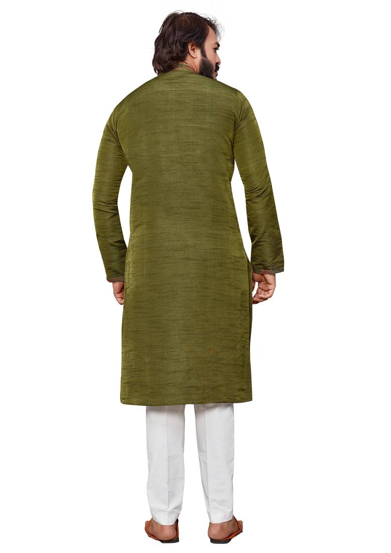 Mehendi color hand cottan silk kurta with payjama