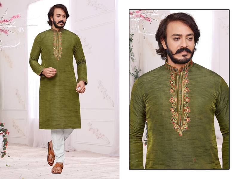 Mehendi color hand cottan silk kurta with payjama