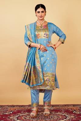 MULTI COLOR BANARASI SOFT SILK GOLDEN ZARI WEAVING DRESS MATERIAL  1