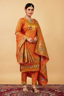 ORANGE COLOR BANARASI SOFT SILK GOLDEN ZARI WEAVING DRESS MATERIAL  1