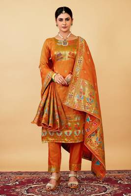 ORANGE COLOR BANARASI SOFT SILK GOLDEN ZARI WEAVING DRESS MATERIAL  2