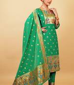 GREEN COLOR BANARASI SOFT SILK GOLDEN ZARI WEAVING DRESS MATERIAL 