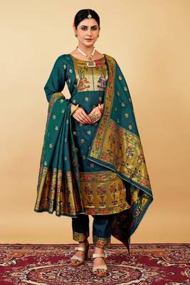 BLUE COLOR BANARASI SOFT SILK GOLDEN ZARI WEAVING DRESS MATERIAL  2