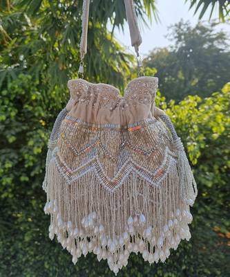 Beige Pearl Tassel Potli 1