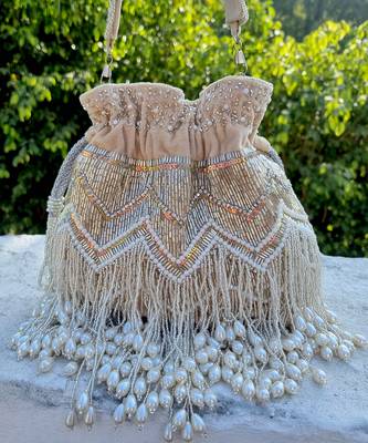 Beige Pearl Tassel Potli 5