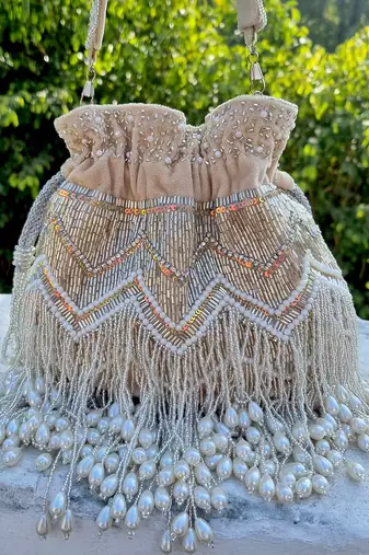 Beige Pearl Tassel Potli