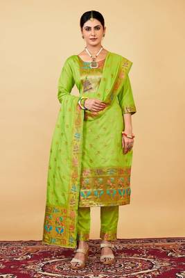SEA GREEN COLOR BANARASI SOFT SILK GOLDEN ZARI WEAVING DRESS MATERIAL  1
