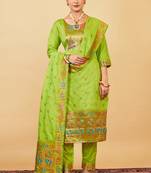 SEA GREEN COLOR BANARASI SOFT SILK GOLDEN ZARI WEAVING DRESS MATERIAL 