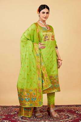 SEA GREEN COLOR BANARASI SOFT SILK GOLDEN ZARI WEAVING DRESS MATERIAL  2