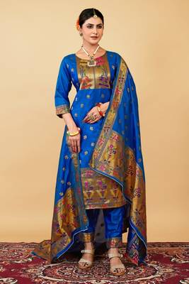 BLUE COLOR BANARASI SOFT SILK GOLDEN ZARI WEAVING DRESS MATERIAL  1