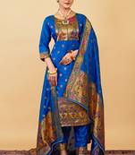 BLUE COLOR BANARASI SOFT SILK GOLDEN ZARI WEAVING DRESS MATERIAL 