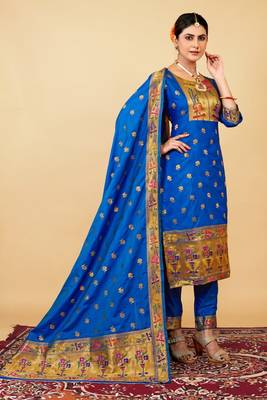 BLUE COLOR BANARASI SOFT SILK GOLDEN ZARI WEAVING DRESS MATERIAL  2