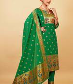 GREEN COLOR BANARASI SOFT SILK GOLDEN ZARI WEAVING DRESS MATERIAL 