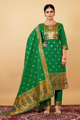 GREEN COLOR BANARASI SOFT SILK GOLDEN ZARI WEAVING DRESS MATERIAL  2
