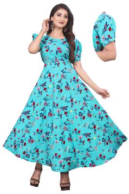 Turquoise printed crepe silk-kurtis 1