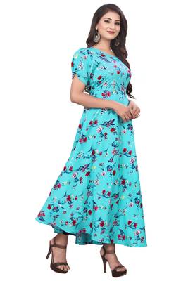 Turquoise printed crepe silk-kurtis 2
