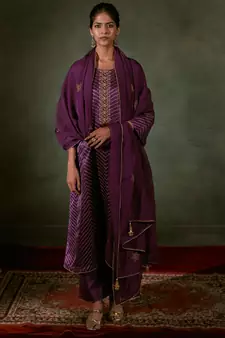 Purple Linen Satin Top With Embroidered Organza Dupatta