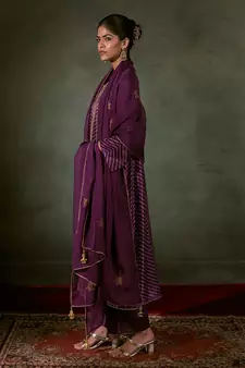 Purple Linen Satin Top With Embroidered Organza Dupatta