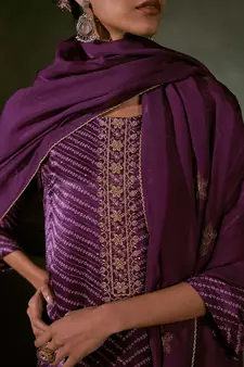 Purple Linen Satin Top With Embroidered Organza Dupatta