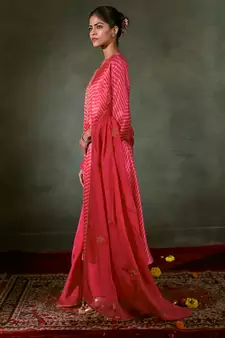 Pink Linen Satin Top With Embroidered Organza Dupatta