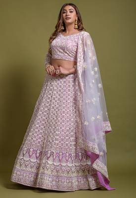 Light Purple Fancy Sequins Embroidered With Viscous Kantha Thread Work Bridal Net Party Wear Lehenga Choli 1