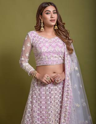 Light Purple Fancy Sequins Embroidered With Viscous Kantha Thread Work Bridal Net Party Wear Lehenga Choli 2