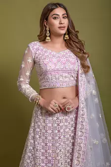 Light Purple Fancy Sequins Embroidered With Viscous Kantha Thread Work Bridal Net Party Wear Lehenga Choli