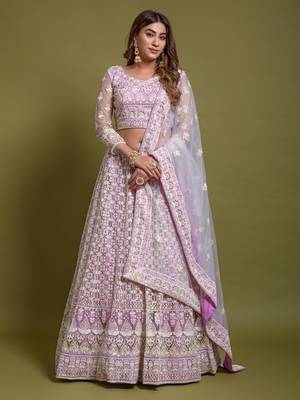 Light Purple Fancy Sequins Embroidered With Viscous Kantha Thread Work Bridal Net Party Wear Lehenga Choli 3