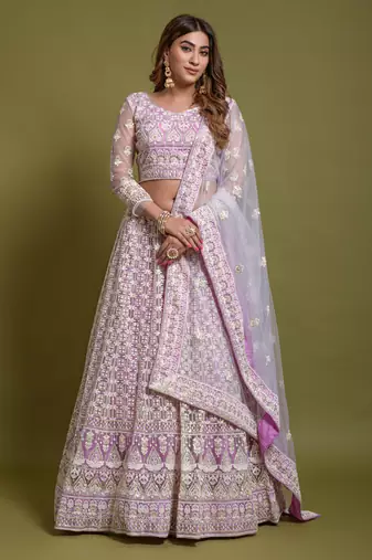 Light Purple Fancy Sequins Embroidered With Viscous Kantha Thread Work Bridal Net Party Wear Lehenga Choli