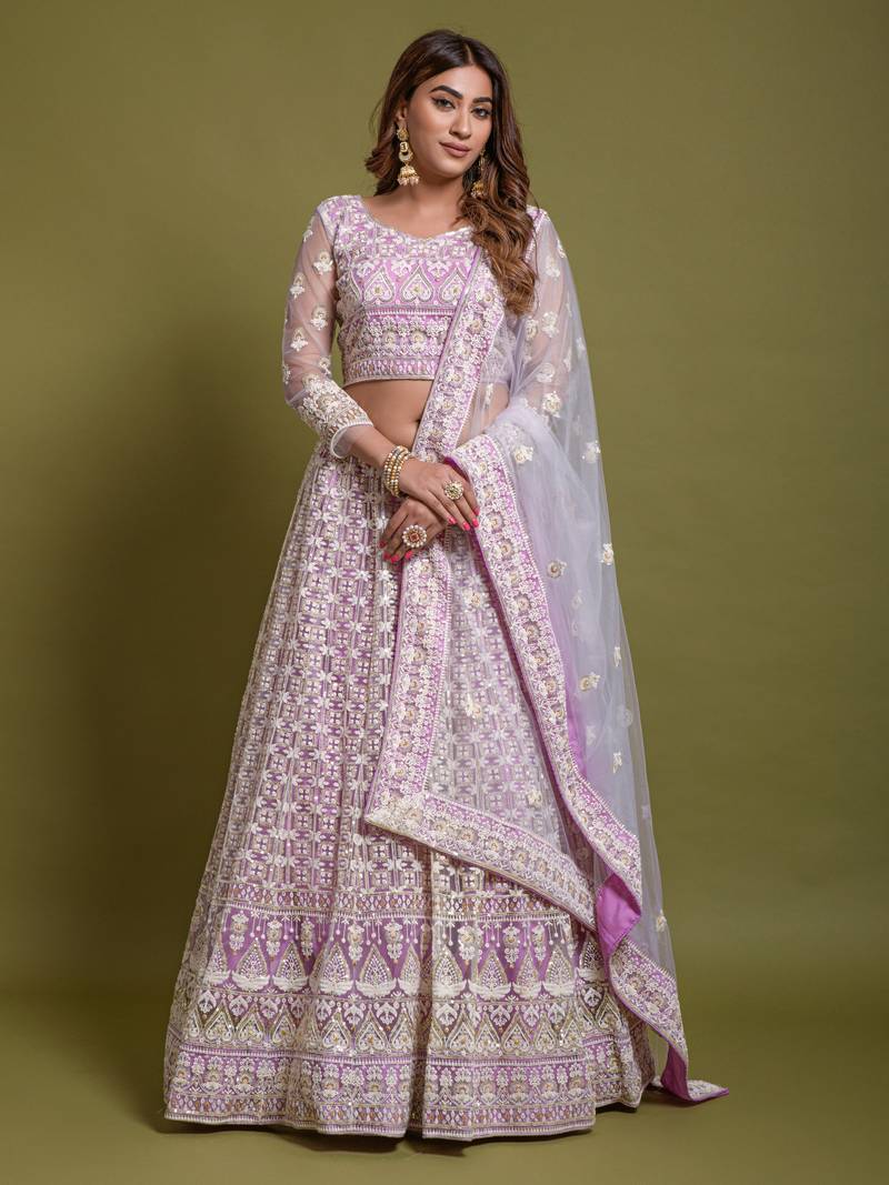 Light Purple Fancy Sequins Embroidered With Viscous Kantha Thread Work Bridal Net Party Wear Lehenga Choli