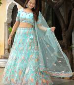 Delightful Sky Bue  Sequins and Thread Embroidered Soft Net Fabric Indian Wedding Designer Lehenga Dress