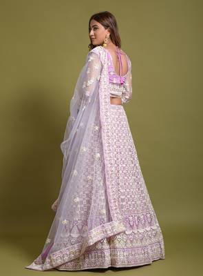 Light Purple Fancy Sequins Embroidered With Viscous Kantha Thread Work Bridal Net Party Wear Lehenga Choli 4